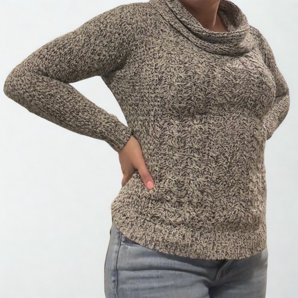 RD Style Cable‎ Knit Black and White Cowl Neck Sweater